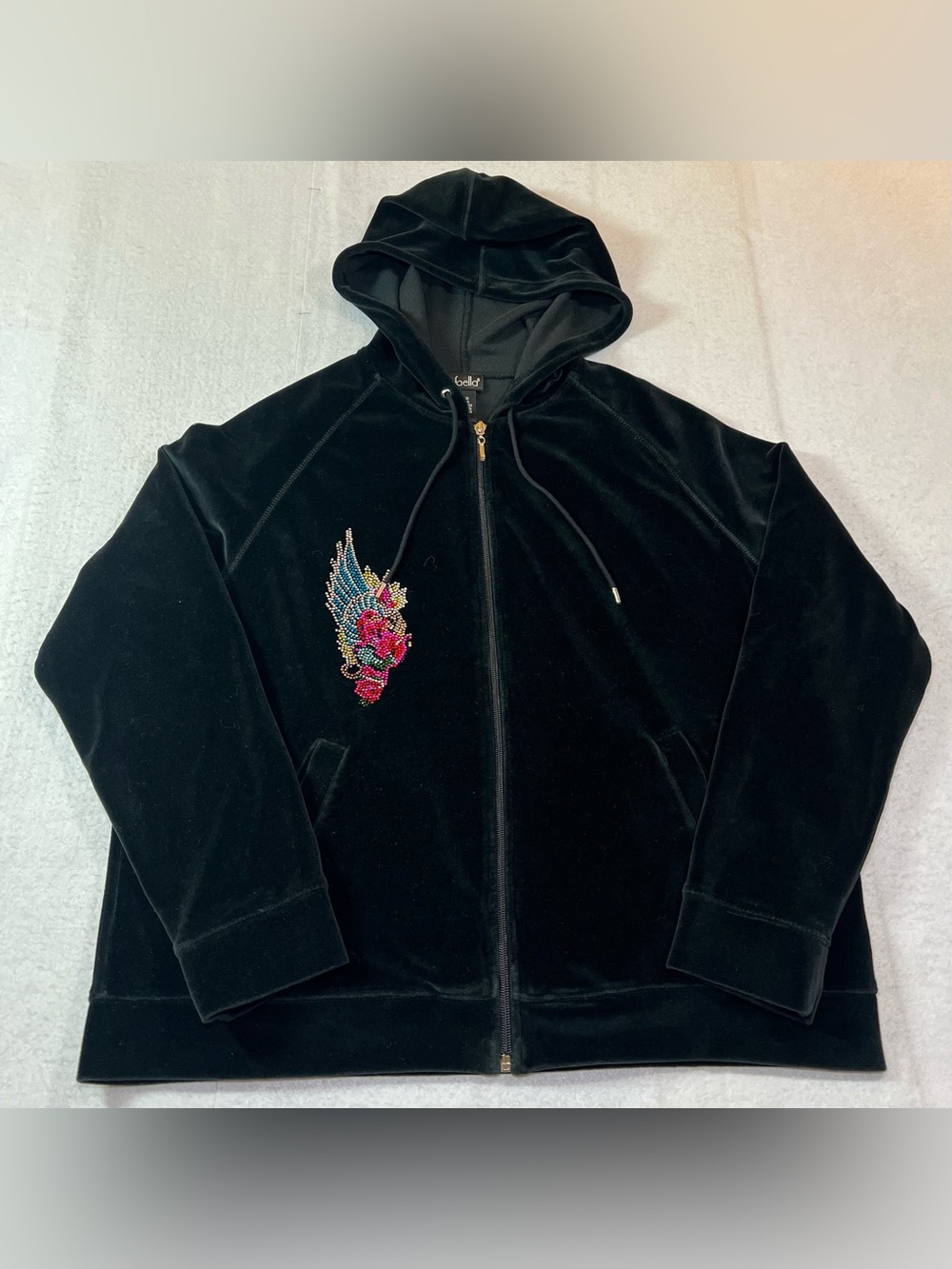 RAFAELLA Women’s Black Velour Zip Up Hoodie Rhinestone Skull Wing Y2K McBling,L